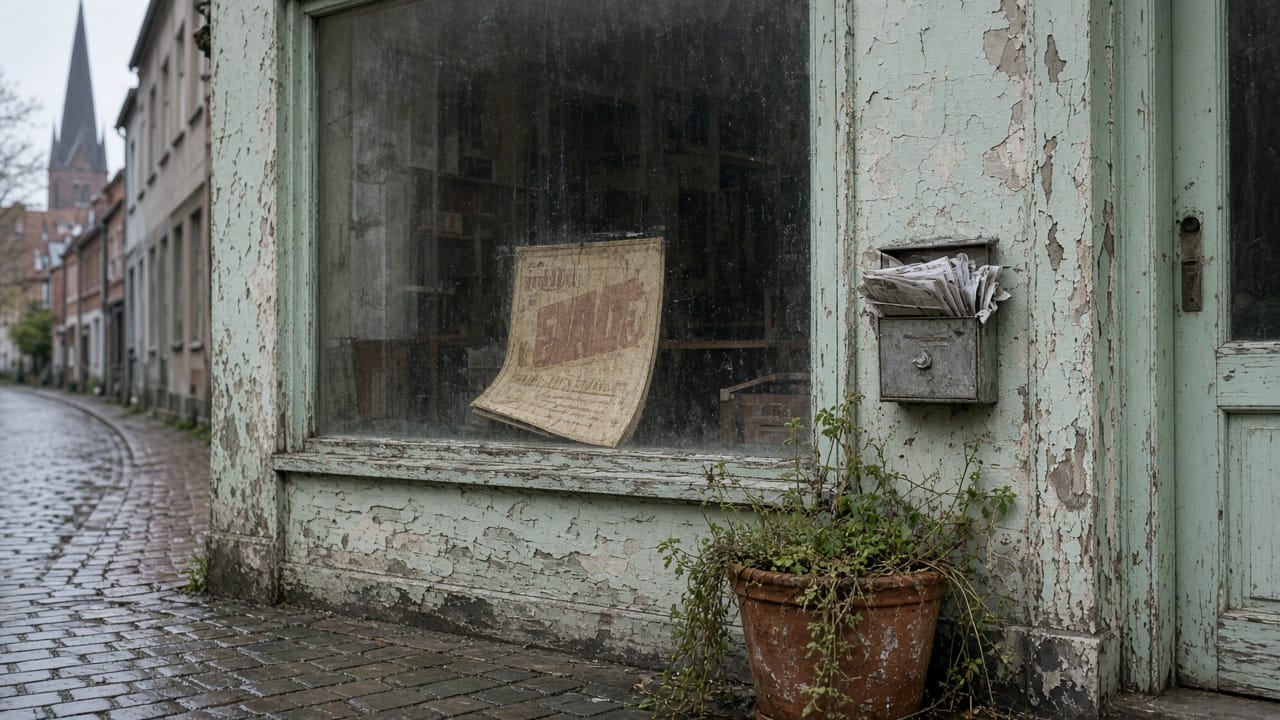 A neglected European shopfront: peeling mint paint, a faded sale poster, an overgrown planter.
