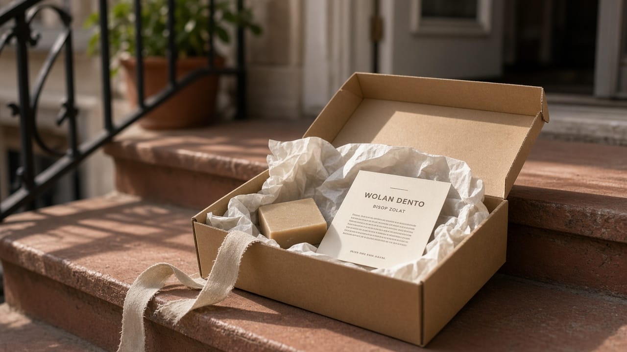 A slim kraft mailer opened on a sunlit stoop: tissue, a bar of soap, a letterpress insert card.