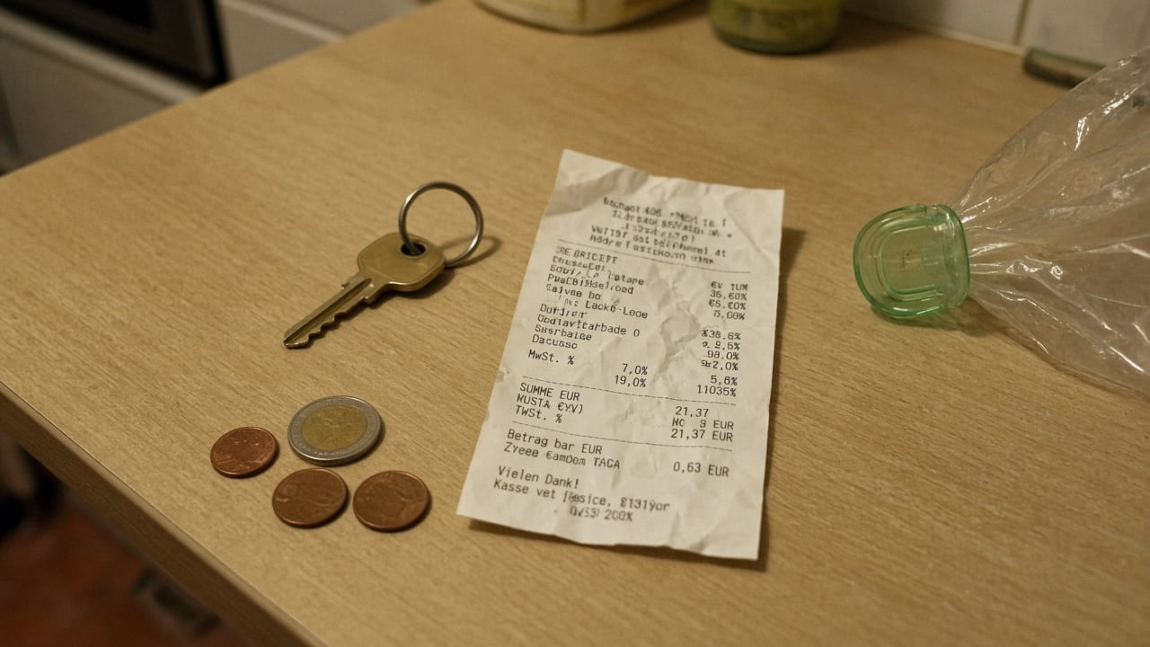 A crumpled German grocery receipt on a kitchen table, the VAT line visible among coins and keys.