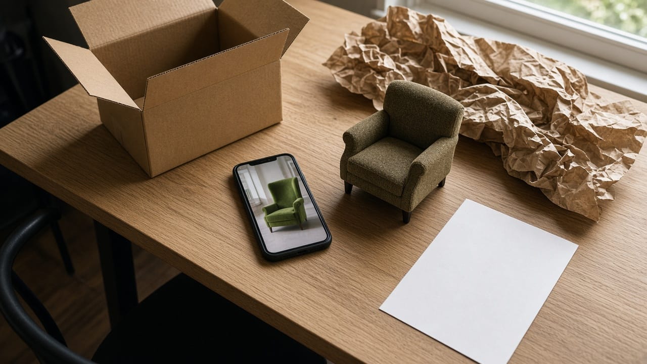 A phone shows a tall green armchair. Beside it, a much smaller olive chair, an empty cardboard box, and packing paper.