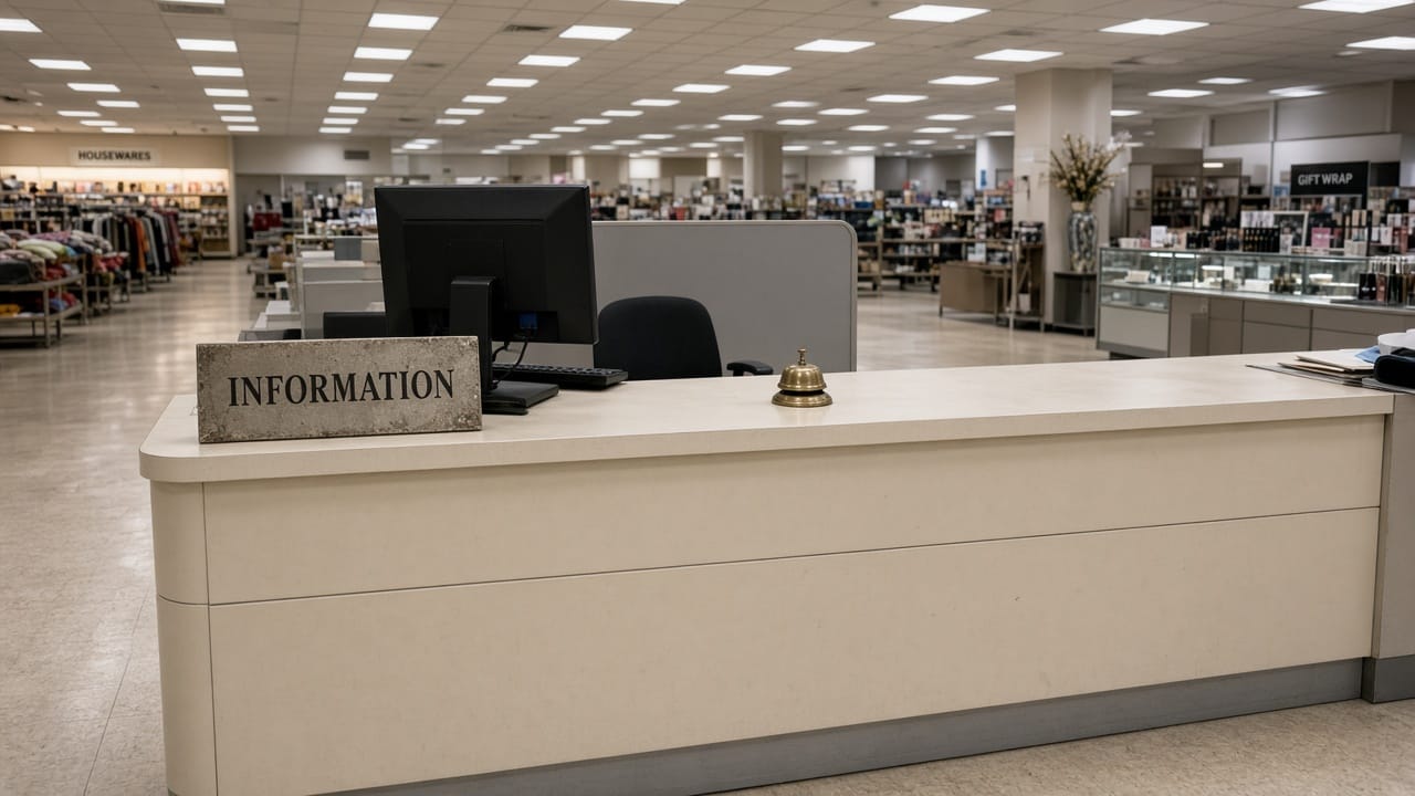 An empty information desk in a department store, no clerk, a dusty plaque and a dark monitor.