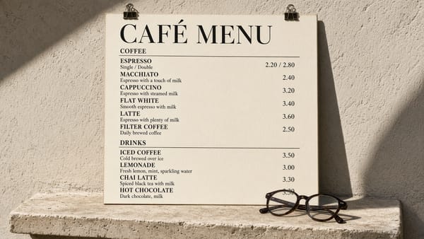 A large-print cream cafe menu in harsh midday sun, reading glasses on the stone ledge.