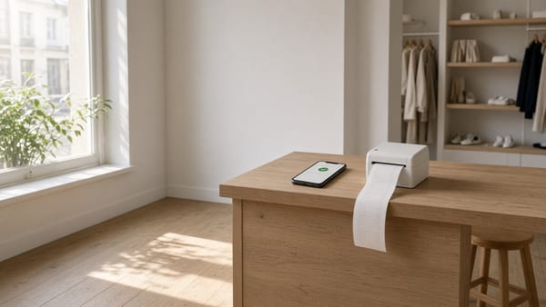 An empty boutique counter at 9am: a phone showing a checkout, a receipt printer unspooling onto oak.