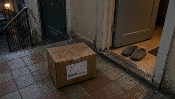 A rain-spotted carton left on a worn apartment doorstep at dusk.