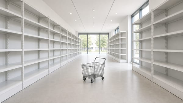 A completely empty supermarket aisle in bright light, one abandoned wire basket in the center.