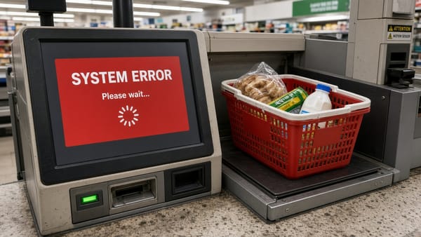 A supermarket self-checkout showing a system error, an abandoned basket on the bagging scale.