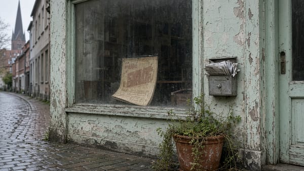 A neglected European shopfront: peeling mint paint, a faded sale poster, an overgrown planter.