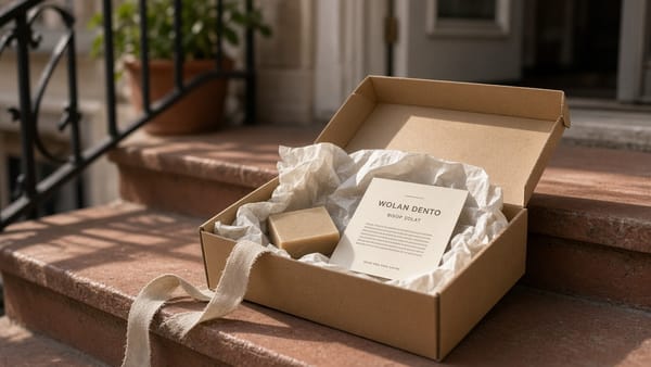 A slim kraft mailer opened on a sunlit stoop: tissue, a bar of soap, a letterpress insert card.