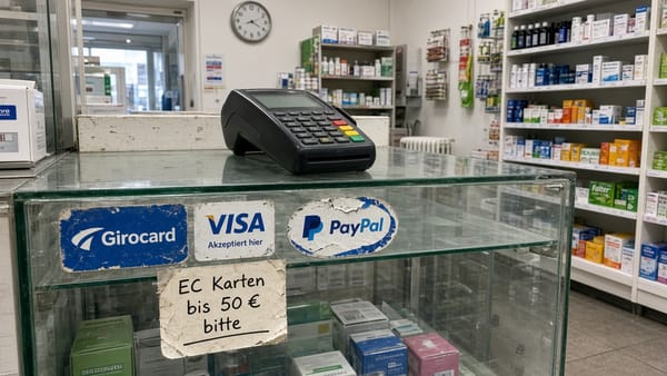 A European pharmacy checkout: card terminal and a cluster of faded payment-method stickers on the glass.