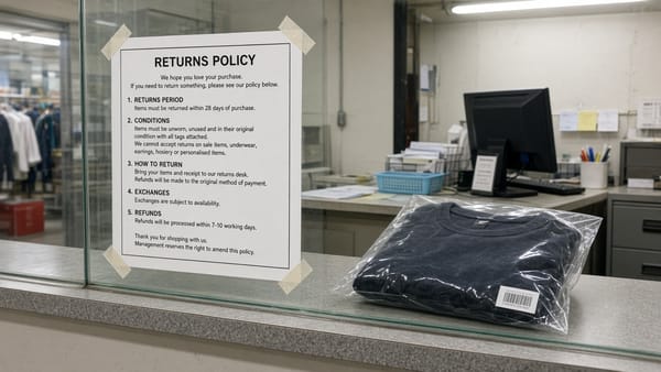 A clothing-store returns counter with a printed policy taped to the glass and a garment in a bag.