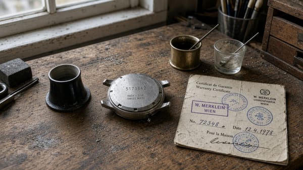 A watchmaker's bench in daylight: an open watch showing its engraved serial, a stamped paper warranty, a loupe.