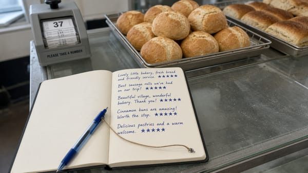 A bakery guest book with the same neat handwriting repeating five-star praise.
