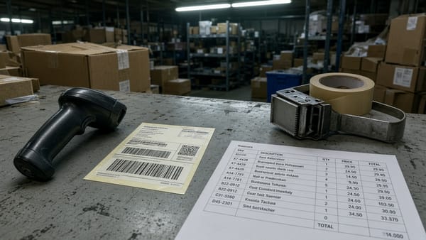 A warehouse packing bench: thermal label, barcode scanner, packing list with SKU and price.