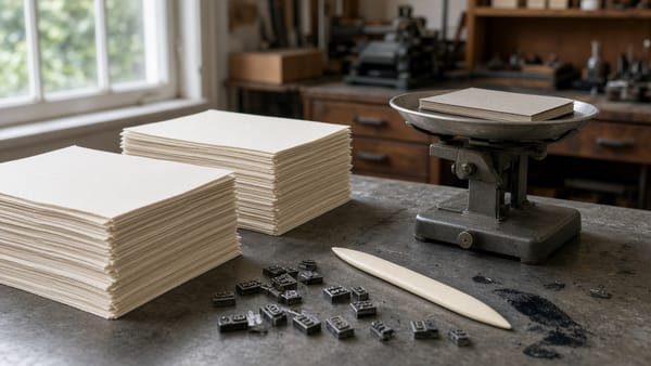 A letterpress workshop in daylight: thick cotton paper, metal type, a catalog on a postage scale.